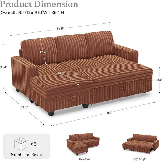 Belffin Corduroy Modular Sectional Sleeper Sofa with Pull Out Bed Small Sectional Couches with Storage for Living Room Apartment Couch. Brick-red Couch