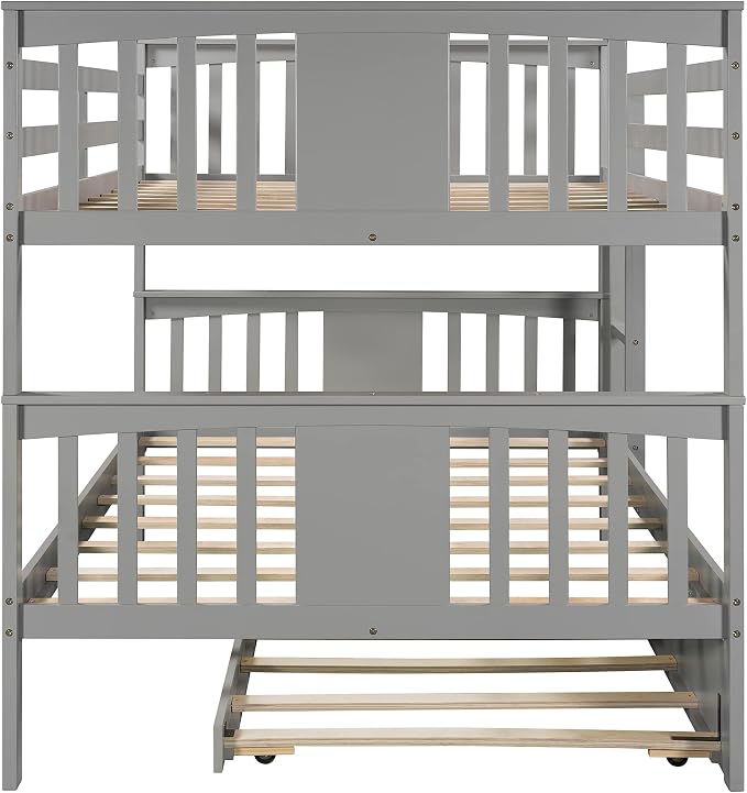 Merax Full Over Full Bunk Bed with Trundle, Convertible to Two Separate Beds, Solid Pine Wood Frame with Safety Guardrail & Headboard/Footboard, Sturdy Durable Design, No Box Spring Needed, Grey