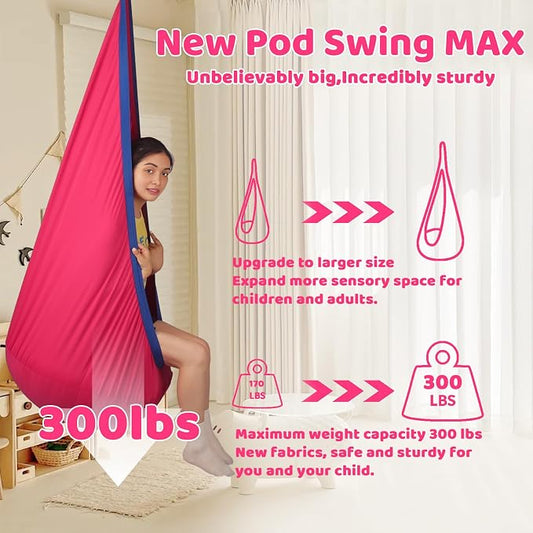 HiCamer Sensory Swing for Kids indoor and outdoor Pod hammock Chair Seat Upgrade Max 300 lbs Hanging Swing with Inflatable Cushion Includes Hardware Hanger Kit for Aspergers Autism ADHD (Cranberry)