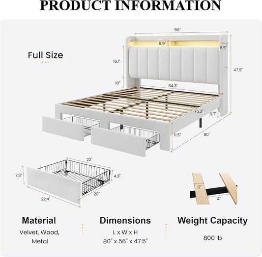 SHA CERLIN Velvet Full Size Bed Frame with Vertical Channel Tufted Wingback Headboard & 2 Storage Drawers/2-Tier Shelves with LED Lights & Charging Station/Noise-Free/No Box Spring Needed/White
