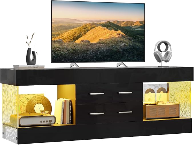 Bestier Modern 60 Inch TV Stand for 65/60/55+ TV, High Gloss Black Entertainment Center with 2 Drawers & LED Lights, Stone-Pattern Side Panels TV Consoles for Living Room, Bedroom