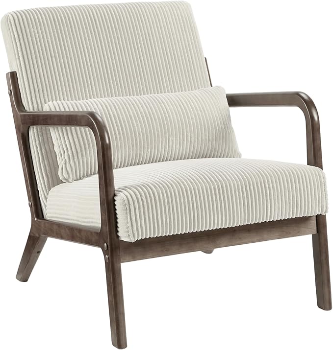 Garvee Mid-Century Accent Chair Set of 2, Cozy Reading Chair, Modern Lounge Armchair with Lumbar Pillow, Sturdy Wood Frame, for Living Room, Bedroom, Office, Beige, Wide-Wale Corduroy Upholstery
