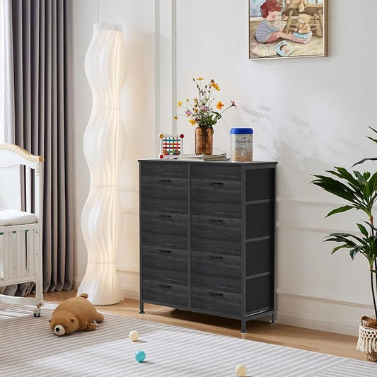 OLIXIS 8 Drawer Dresser TV Stand, Entertainment Center, Media Console Table with Metal Frame and Wood Top,Chest of Drawers for Bedroom, Living Room, Black Wood Grain