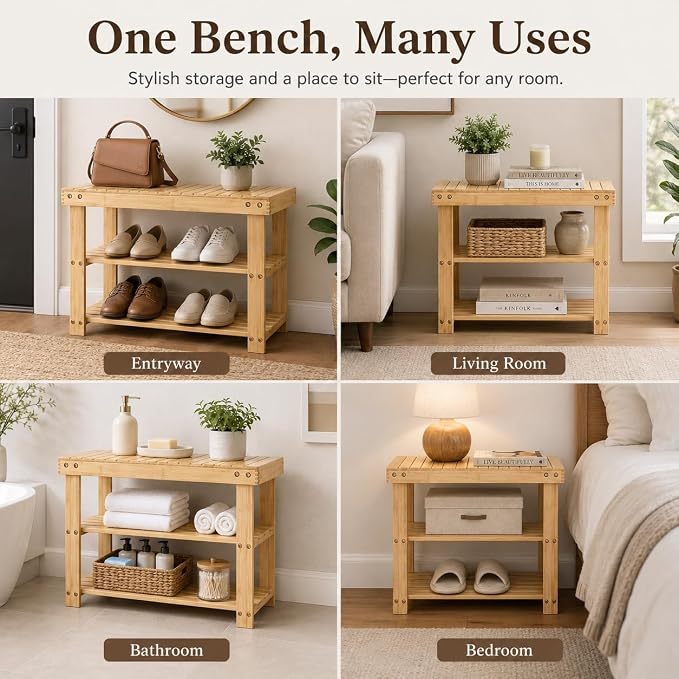 Shoe Rack Bench, 3-Tier Shoe Storage Organizer for Entryway , Shoe Shelf for Small Spaces, Multi-Functional Side Table Plant Stand, Shoe Stand for Bedroom, Living Room, Closet, Front Door, Natural