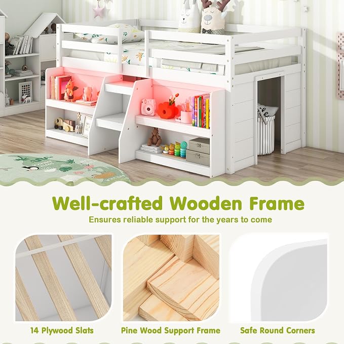 Giantex Twin Loft Bed with LED Lights, Wooden Loft Bed Twin Size with Stairs & Safety Guardrail, Low Loft Bed for Kids with Storage Bookcase and Under-Bed Play Space, White