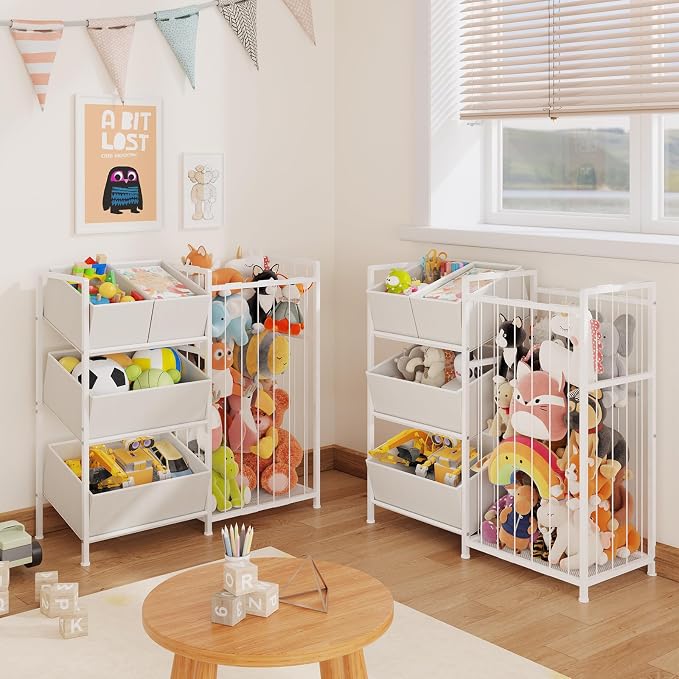BBLIKE Kids Storage Organizer with 4 Removable Bins, Kids Storage Toy Shelf Organizer for Stuffed Animal Holder for Bedroom Playroom Nursery, White