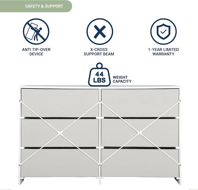 Modern 6-Drawer Dresser with Spacious Storage, Sturdy Wood Frame, Large Capacity Fabric Drawers, Dressers for Bedroom, Home Organization Storage for Living Room or Hallway, White | 6-drawer dresser, fabric storage drawers, sturdy wood frame, bedroom or...