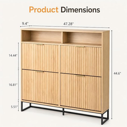 VINGLI Fluted Shoe Cabinet for Entryway, Narrow Hidden Shoe Storage Organizer with 4 Flip Drawers & 16-Color LED Lights, Mid Century Modern Slim Freestanding Shoe Rack with Cubby, Natural Oak