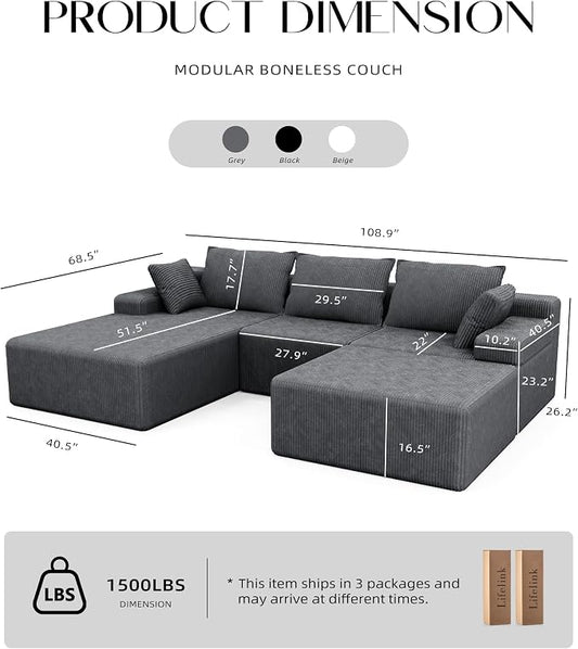Lifelink 108" Boneless Couch U-Shaped - Modular Sectional Couches for Living Room Cloud Sofa with Deep Seat High Back Removable Ottoman No Assembly Required
