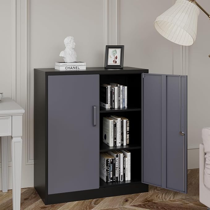 Metal Storage Cabinets with Locking Doors & 2 Adjustable Shelves, Lockable Steel Office Cabinets, Counter Caninet Small Locking Cabnet Locked Tool Cabnets for Home, Office, Garage, Hallway