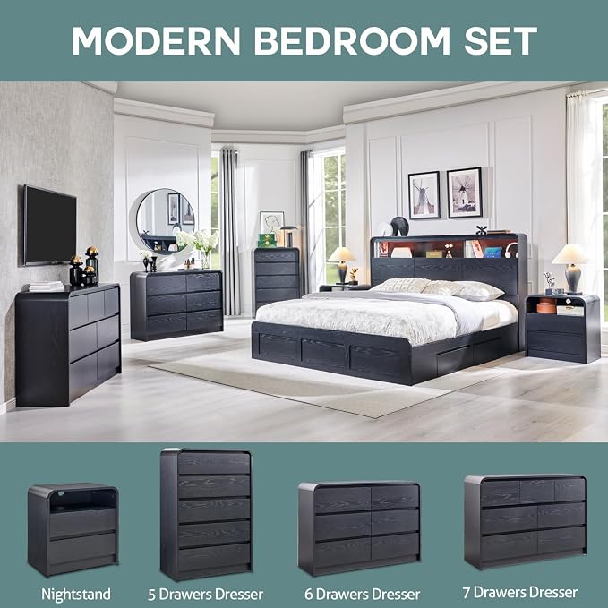 Aitjunz Modern 6 Drawers Dresser for Bedroom, 47" Wide Wood Dressers & Chests of Drawers w/Curved Profile Design, Mid Century Modern Dresser w/Natural Texture for Bedroom, Living Room, Black