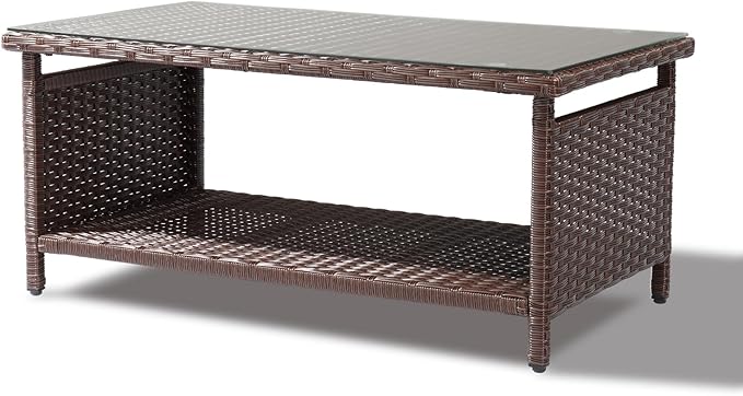 VINGLI Outdoor Wicker CoffeeTable Patio Coffee Tables for Outside, Tempered Glass Top Wicker Table with Storage Coffee Table for Patio Balcony Porch Deck (Brown)