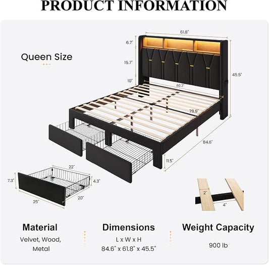 SHA CERLIN Queen Velvet Platform Bed Frame with 2 Storage Drawers, LED Storage Headboard with Charging Station, Upholstered Wingback Headboard, Noise-Free, No Box Spring Needed, Easy Assembly, Black
