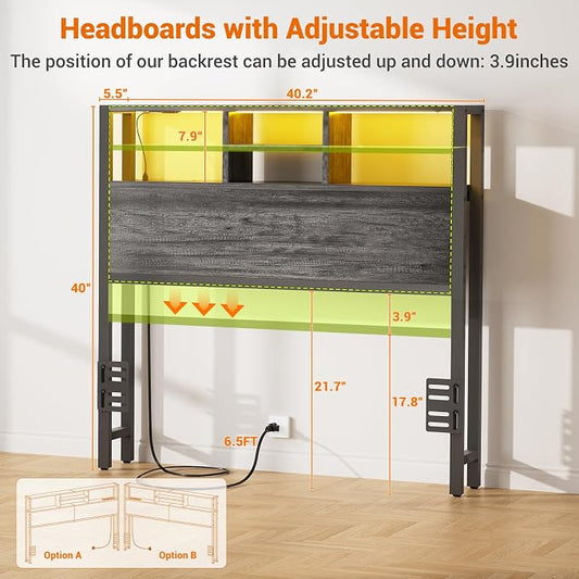 Aheaplus Headboard for Twin Size Bed with Storage, Headboards with Outlets, USB Ports and LED Light, Twin Size Head Board Only, Height Adjustable, Reversible, Sturdy and Stable Headboard, Black Oak