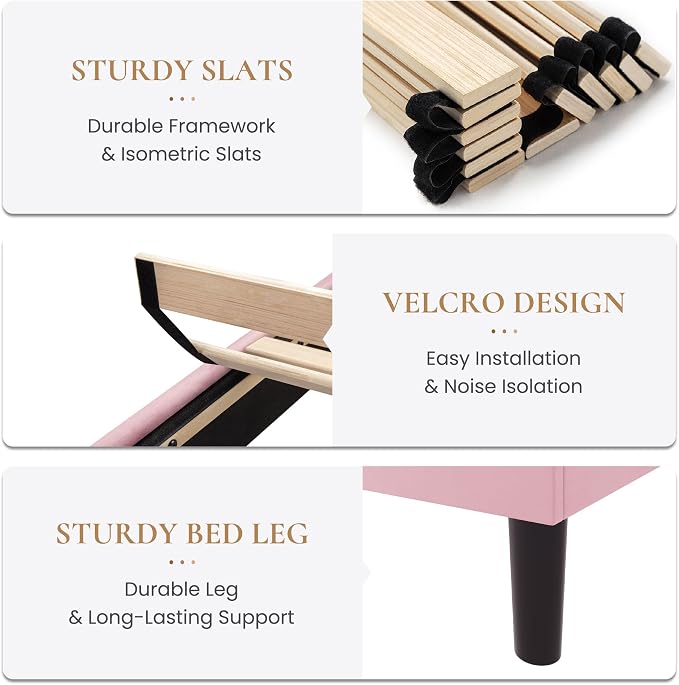 SHA CERLIN Full Size Platform Bed Frame, Velvet Upholstered Bed with Adjustable Headboard, Vertical Channel Tufted Design, Sturdy Wood Slat Support, No Box Spring Needed, Easy Assembly, Pink