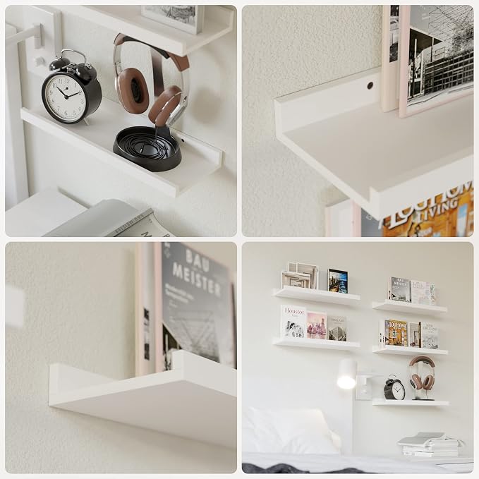 RICHER HOUSE 5 Set White Floating Shelves, Wall Mounted Shelves for Wall Decor, Modern Picture Ledge Shelf with Lip for Storage Nursery, Bedroom, Living Room, Bathroom - White