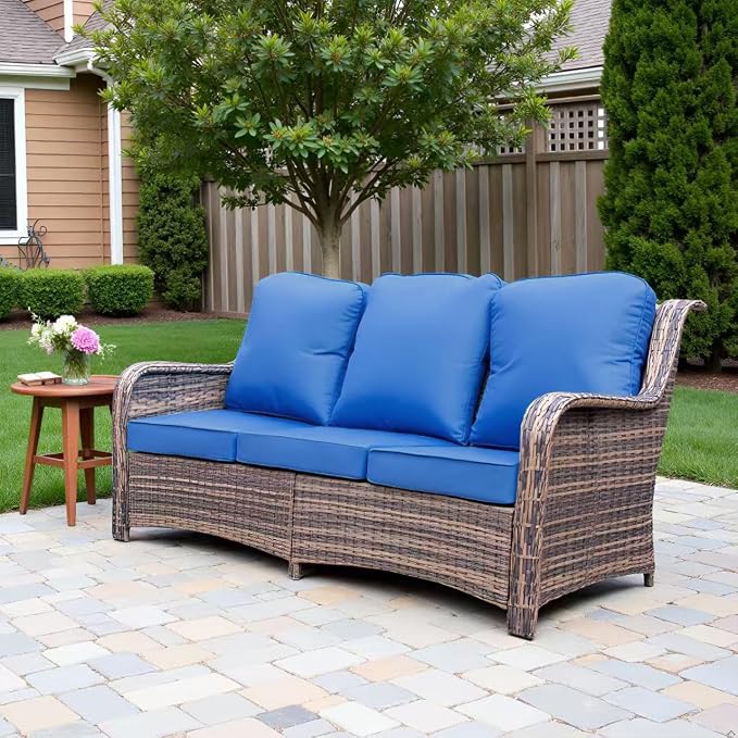 Outdoor Patio Sofa, 3 Seater Sofa with High Back, Deep Seating, Wide Armrest, Thickened Cushions for Deck, Porch Use, Blue