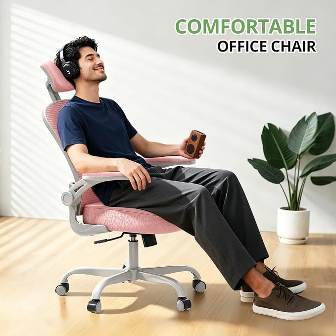 Office Chair Ergonomic Desk Chair, 330LBS Capacity, High Back Computer Design for Long Hours Comfort, Rolling Swivel Executive Task for Home Office with Flip-up Armrests, Grey Pink
