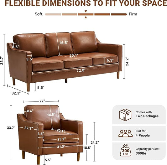 Kingfun Couch Sets for Living Room, 3 Seater Couch and Armchair, Mid Century Modern Sofa Set, Faux Leather Couch with Solid Wood Frame for Bedroom