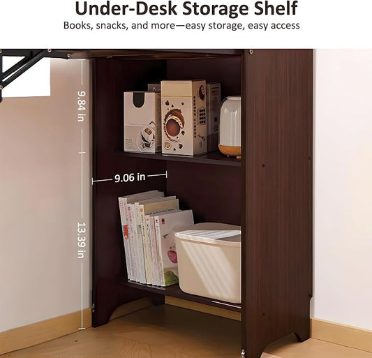Bamboo Folding Desk for Small Spaces with Storage, Foldable Mid Century Modern Drop Leaf Desk, Vintage Fold Out Hideaway Small Desks for Bedroom or Home Office, Brown