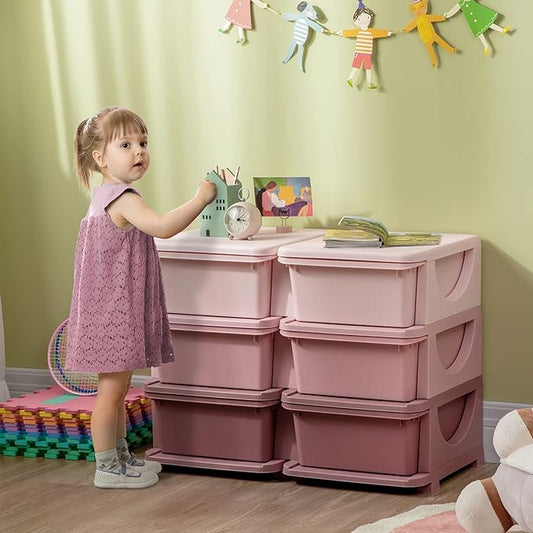 Qaba 3 Tier Kids Storage Unit, Toy Organizers and Storage with 6 Drawer Chest for Kids Bedroom Nursery Kindergarten Living Room for Boys Girls Toddlers, Pink
