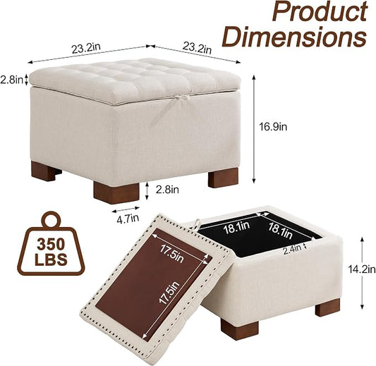 WUTUTUEE 24" Square Fabric Storage Ottoman with Wooden Tray Top, Modern Tufted Button Upholstered Footstool Coffee Table, Multifunctional Small Storage Ottoman for Living Room Bedroom, Beige