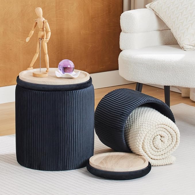 BLEXA Round Ottoman with Storage Set of 2-Upholstered Velvet Vanity Stool for Makeup Multifunctional Ottomans Coffee Table Padded Seat Foot Rest for Living Room&Bedroom (Black-Upgrade Tray Lid)