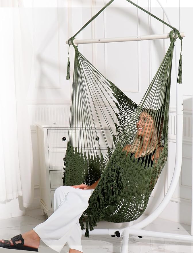 Chihee Hammock Chair Handmade Hanging Chair Cotton Rope Woven Hanging Seat Soft-Spun Large Stretch Hammock Swing, Collapsible Strong Metal Spreader Bar Elegant Macrame Comfort Indoor Outdoor Garden