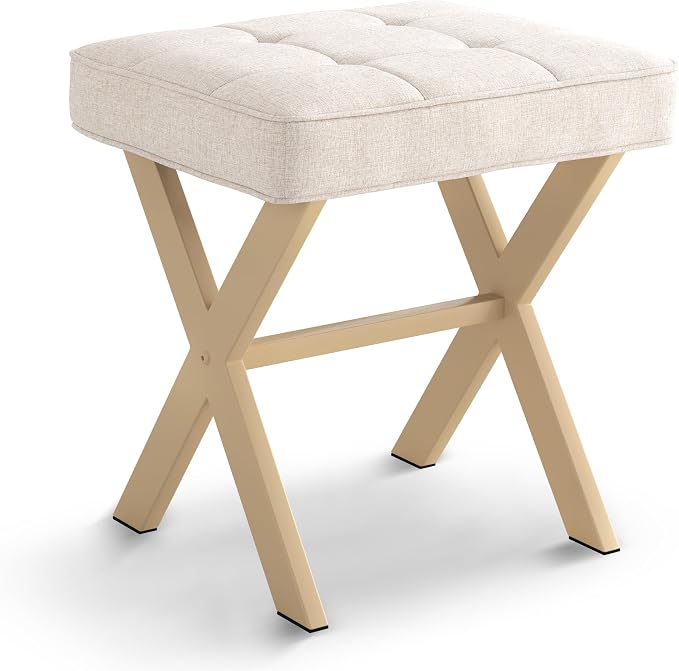 LUE BONA Square Linen Makeup Stool, Metal X Legs, Small Ottoman Stool Chair for Vanity, Modern Padded Seat Foot Rest for Makeup Room, Bathroom