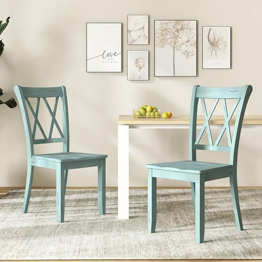 SIMOE Set of 2 Wooden Dining Chairs, Mid Century Farmhouse Kitchen Chairs, Solid Rubberwood Armless Side Chairs with High Back, Ergonomic Seats for Dining Room Living Room, Green