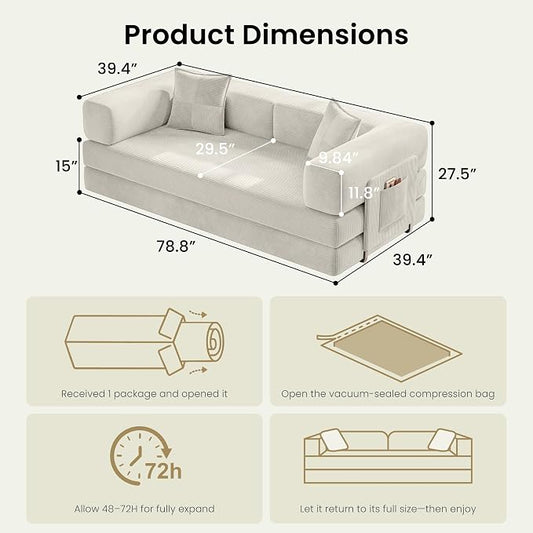 78.8" Convertible Sofa Bed,Corduroy Futon Couch with Storage Pocket,Folding Pull Out Futon Sofa,No Assembly Boneless Couch for Living Room, White