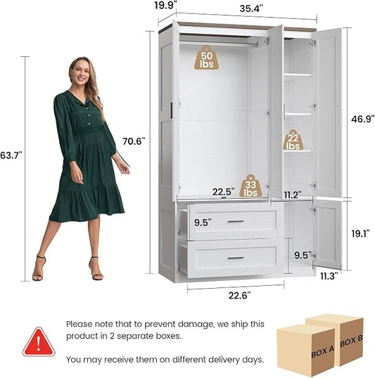 ANCTOR Freestanding Wardrobe Closet 70.6" H, Tall Armoire Wardrobe Closet 3 Doors with Hanging Rod, Drawers, Adjustable Cube Shelves and a Closed Cabinet Organizer Modern Bedroom Clothes Cabinet