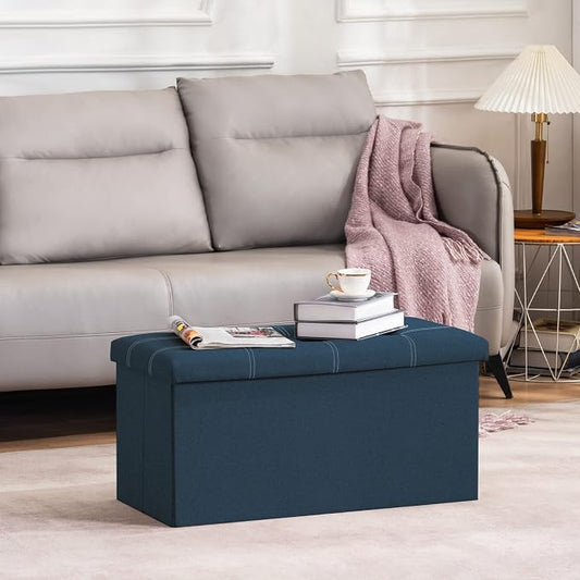 YOUDENOVA 30 Inch Storage Ottoman, Folding Ottoman with Storage, Linen Storage Ottoman Bench Supports Up to 350 lbs, Footrest Seat for Living Room, Bedroom, Blue