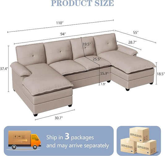 110" Sectional Couches for Living Room,4 Seat U Shape Modular Couch with Thick Cushion & Soft Backrest,Upholstered Sofa Couch with Double Chaise,Beige
