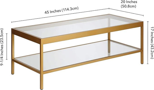 Henn&Hart 45" Wide Rectangular Rectangular Coffee Table in Brass, Modern Rectangular Coffee Tables for living room, studio apartment essentials | Open lower shelf adds practical storage while the glass design keeps spaces feeling bright