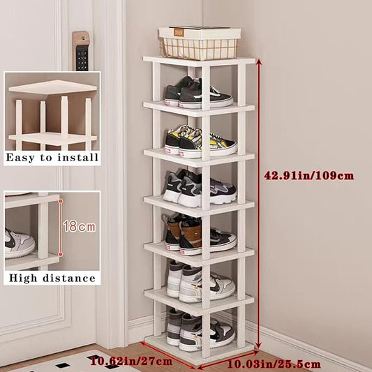 SAN HE 7-Tier Modern Bamboo Shoe Rack - Vertical, Slim, Space-Saving Shoe Organizer for Small Spaces, Closet, Entryway, Corner, Garage, Bedroom