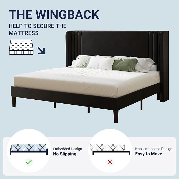 Allewie King Size Velvet Platform Bed Frame with Vertical Tufted Wingback Headboard, Easy Assembly, Under Bed Storage, No Box Spring Required, Modern Style, Black