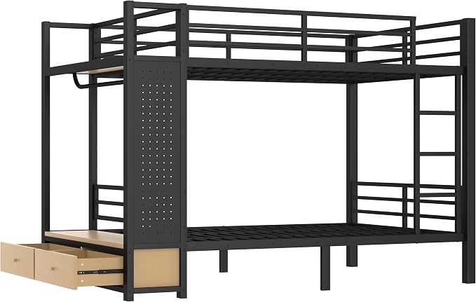 Bellemave Bunk Bed Full Over Full,Metal Bunk Bed with Shelf and Guardrails,Full Bunk beds with Storage Drawers and Clothes Hooks for Kids, Teens & Adults(Black)