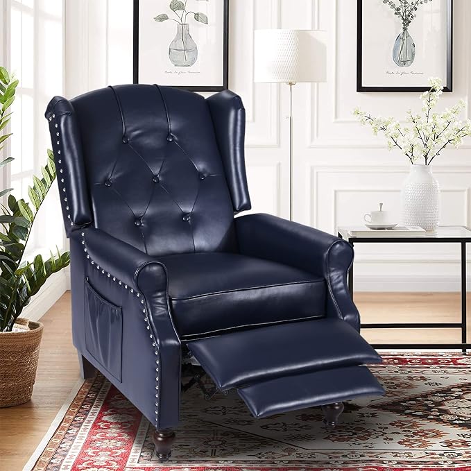 Wingback Recliner Chair with Massage and Heat, PU Leather Push Back Arm Chair for Living Room, Wingback Recliner with Remote Control, Padded Cushion, Backrest, Wooden Legs