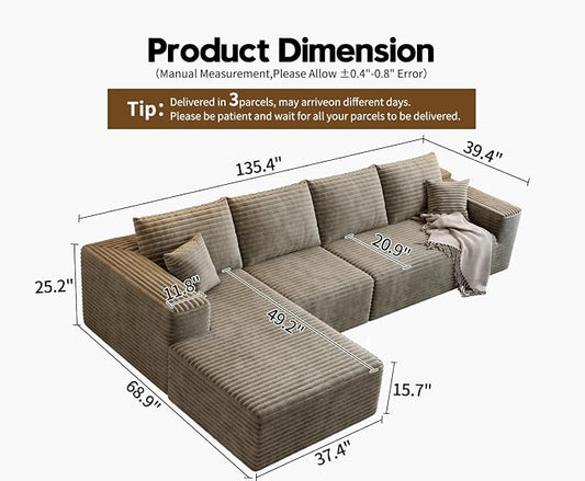 135.4" Cloud Modular Sectional Sofa Couch with L-Shape Chaise,Modern Minimalist Upholstered Couches for Living Room Bedroom,Deep Seat Corner Couch,No Assembly Required (Camel,Left Facing Chaise)