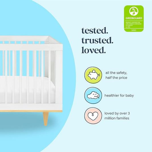 Davinci Marley 3-in-1 Convertible Crib w/Mattress - White & Natural | FSC & GREENGUARD Gold Certified Crib Convertible to Toddler Bed & Daybed - Includes Mattress - Conversion Kit Sold Separately