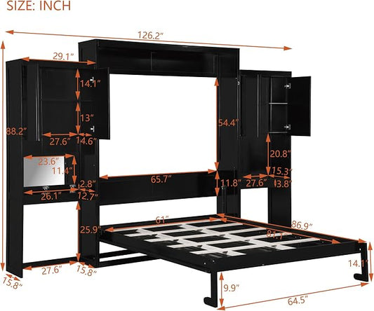 Ball & Cast Murphy Bed Queen Bed Frame with Headboard,Hideaway Bedframe w/Vanity and Cabinets,Wood Wall Cabinet,Slat Support,can be Folded,No Box Spring Needed,for Small Room,Espresso
