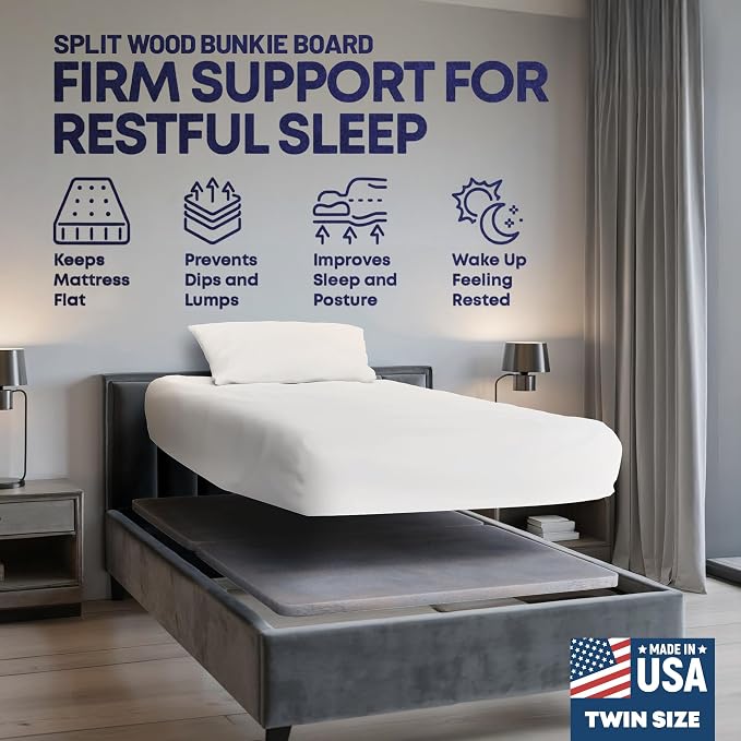1.5" Split Wood Bunkie Board Twin Size Bed, Under Mattress Support, Fully Assembled, Fabric Ventilation Cover-Replaces Wooden Slats or Box Spring for Bed Frames