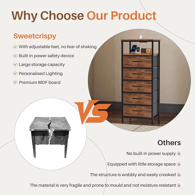 Sweetcrispy Nightstand with Charging Station, Bedside End Table with 5 Fabric Drawers, USB & Type-C Ports with AC Outlets, Adjustable Feet & Dimmable LED Light Strip, Modern Bedroom Furniture, Brown