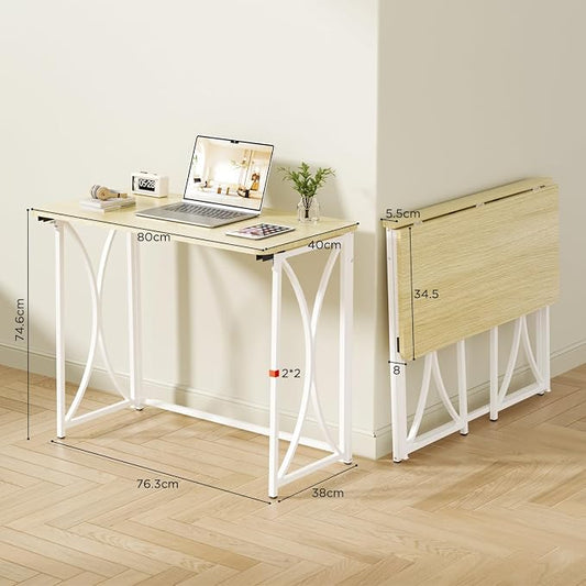 Folding Desk, 31.5" Small Desk for Bedroom, Space Saving Foldable Computer Desk for Home Office, Easy Assembly, Beige