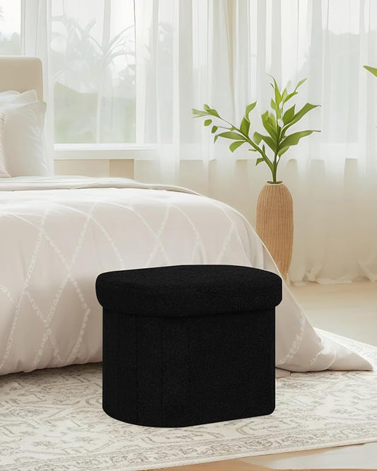 B FSOBEIIALEO Storage Ottoman for Dorm Room, Boucle Folding Storage Ottoman Foot Rest, 16.14 Inches Small Collapsible Ottoman Cube for Living Room Black