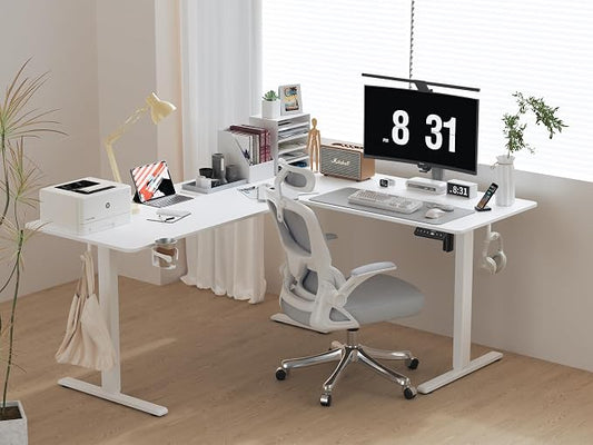 WALKINGDESK 75x61 Inches Reversible L Shaped Standing Desk Height Adjustable with Cup Holder, Electric Corner Computer Workstation for Home Office, Sit Stand up Gaming Desk with Cable Management White