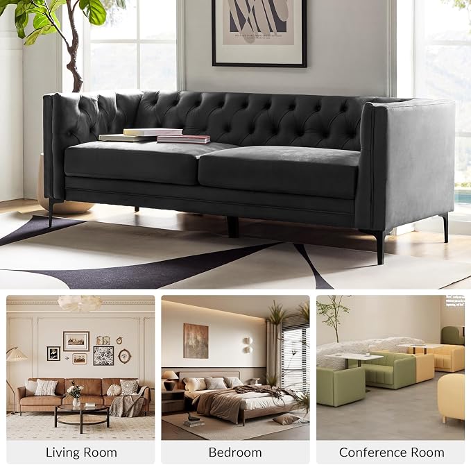 HULALA HOME 84" W Faux Leather Sofa Couch with Metal Legs, Button-Tufted 3-Seater Sofa, Mid Century Modern Contemporary Upholstered Couch for Living Room, Apartment, Charcoal