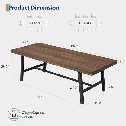 GarveeHome Industrial Dining Table for 8-10 People, 86.61" Long Large Kitchen Table with Sturdy Metal Frame, Rectangular Counter for Dinner, Kitchen, Dining Room (Brown, 87" Non-extendable)