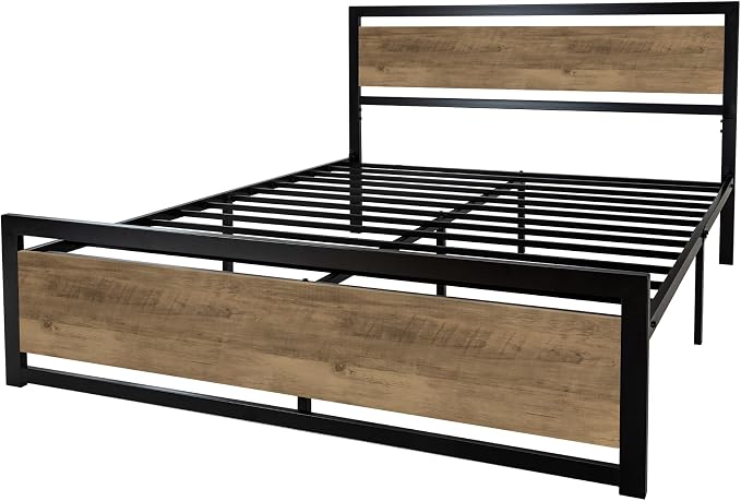 SHA CERLIN Heavy Duty Full Size Bed Frame with Modern Headboard,Brown | Platform Metal Base with Square Footboard and 13 Strong Slats Support, No Box Spring Needed